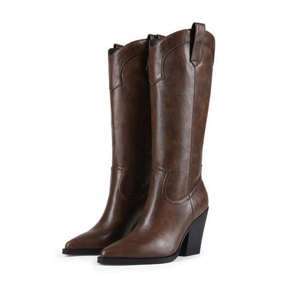Shoes - Women's Knee High Cowboy Boots Pointed Toe Chunky Heel Leather Wide Calf